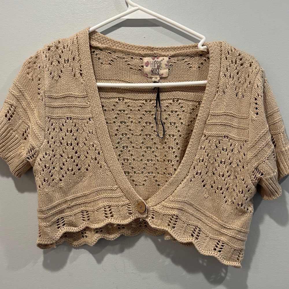 Hippie Rose Beige Knit Cropped Cardigan